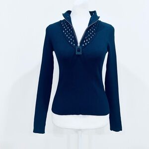 Sandro Navy Ribbed V-Neck Zip Sweater with Cutout Trim